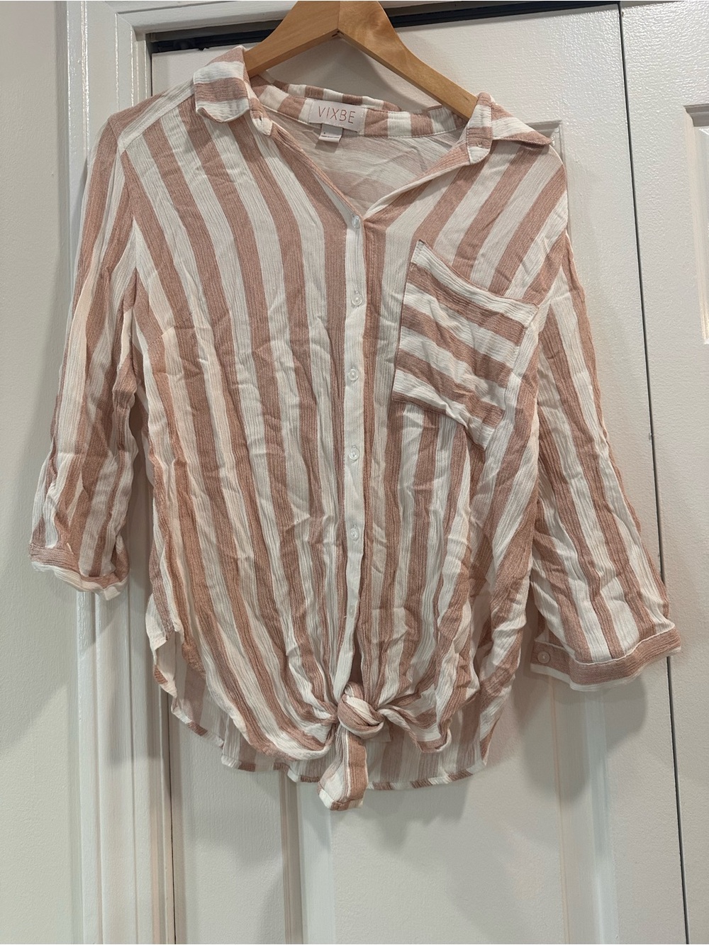Vixbe Women's Dusty Rose & White Striped Button-Front Tie Hem Blouse